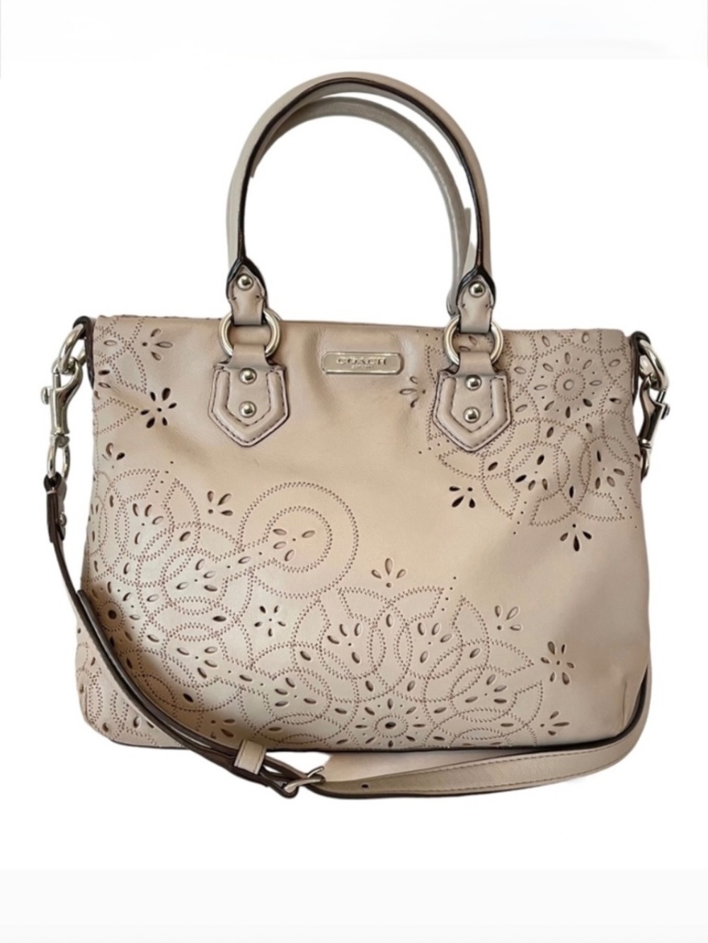 Coach Laser Cut Leather Light Gray/Taupe Hand Bag Crossbody with Strap